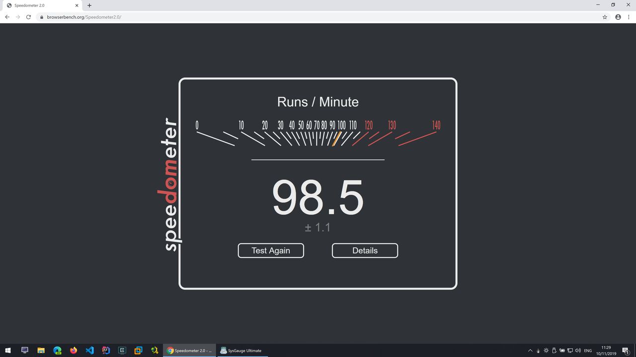 Google Chrome - Speedometer - Wynik: 98,5