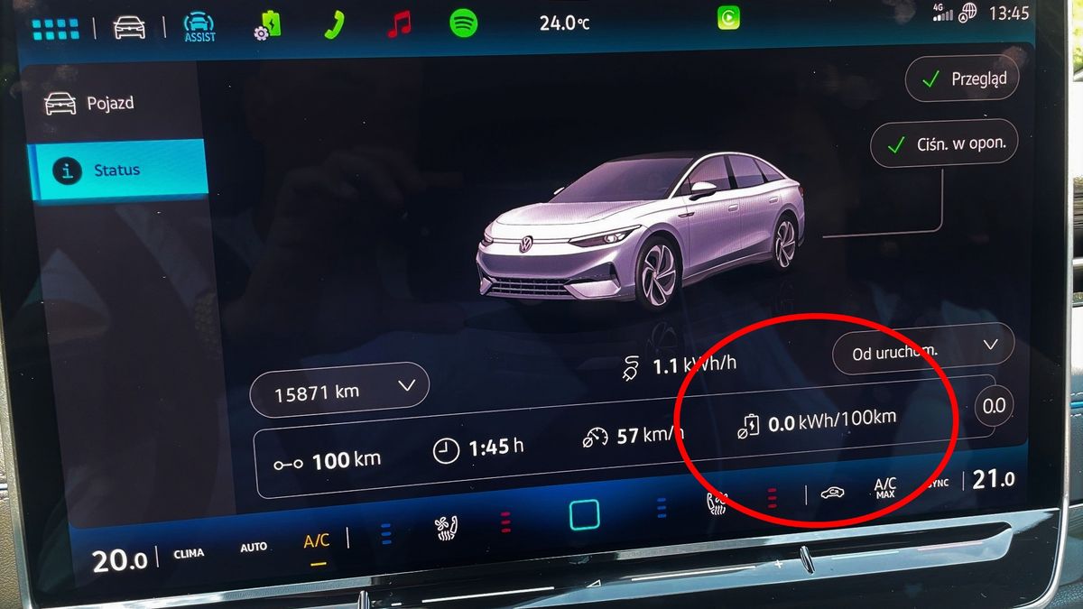 Zużycie energii w VW ID. 7 na dystansie 100 km