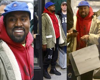 Dorodny i uśmiechnięty Kanye West wybiera bluzeczki w drogim sklepie