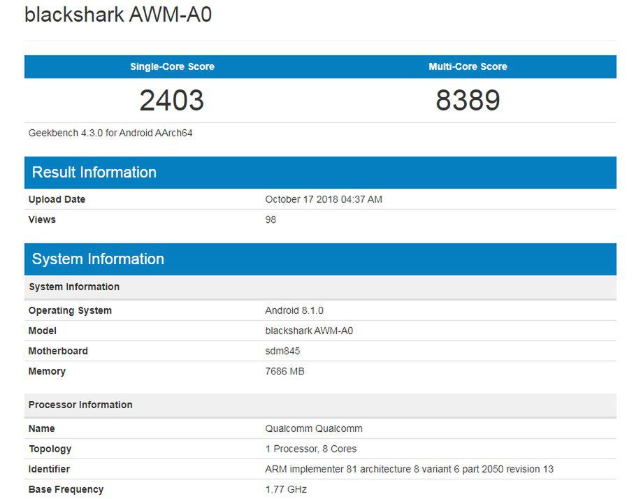 Black Shark 2 w bazie Geekbench