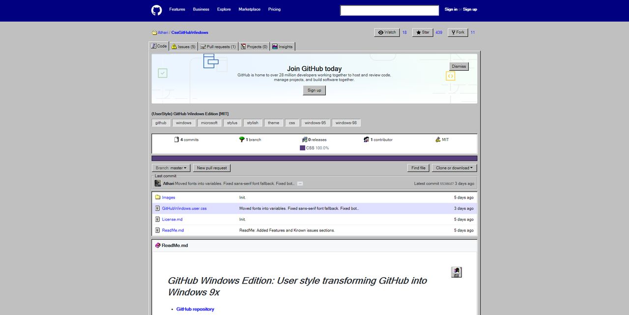 GitHub z motywem „Windows 9x” – okazja, by przypomnieć sobie estetykę interfejsu systemu Microsoftu sprzed lat.