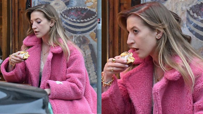 Lara Gessler zajada się pączkiem na ulicy 