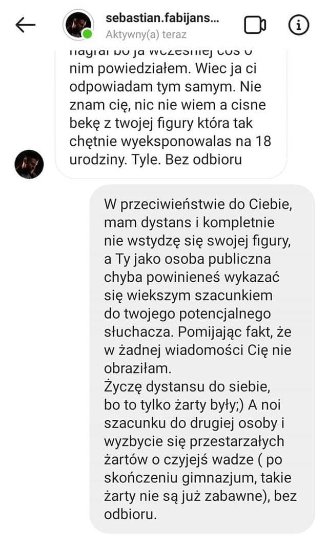 Sebastian Fabijański tłumaczy się z wysmiania internautki