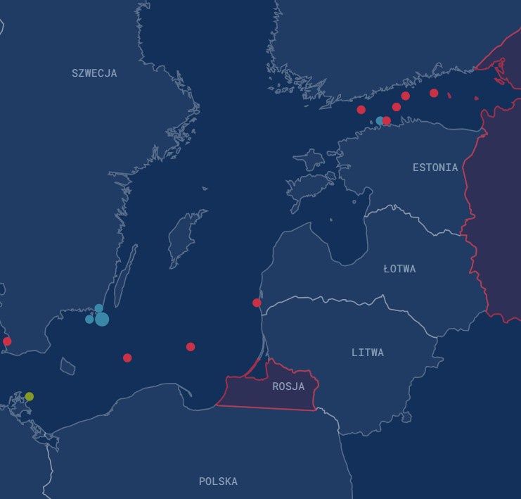 Mapa incydentów na Bałtyku ze statkami floty cieni.