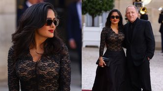 Salma Hayek bryluje wśród pierwszych dam w zmysłowej koronce. Idealna suknia na uroczystą kolację w Pałacu Elizejskim? (ZDJĘCIA)