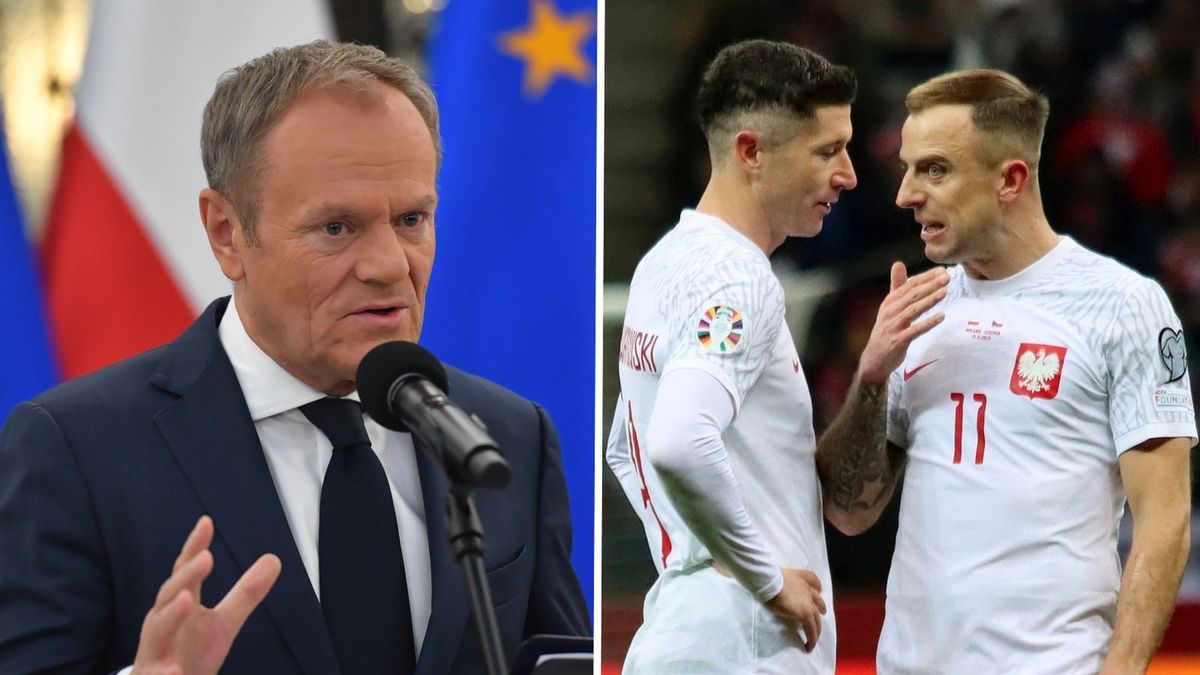 Na zdjęciu: Donald Tusk, obok piłkarze reprezentacji Polski