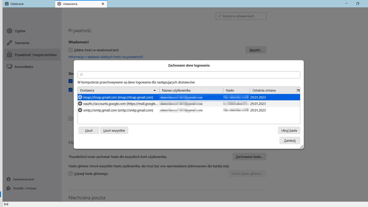 Thunderbird: jak odczytać zapisane hasło?