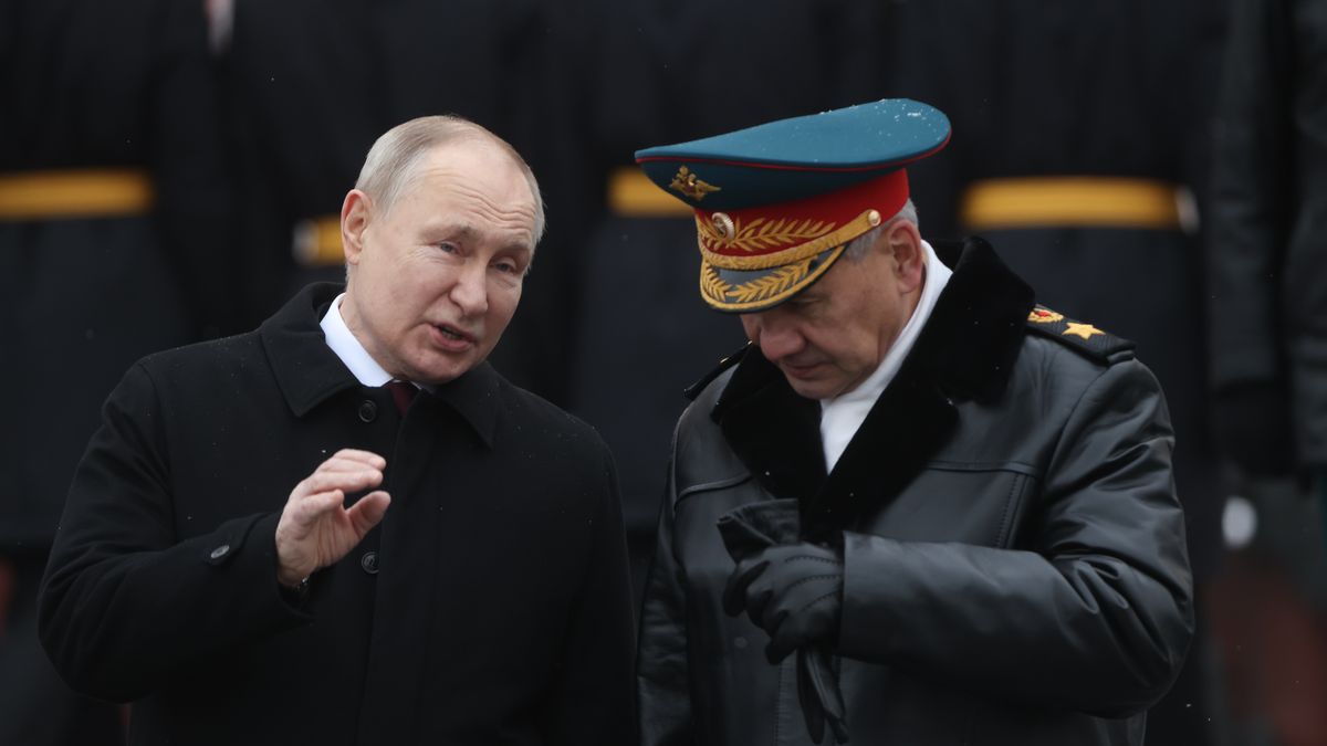 MOSCOW, RUSSIA - FEBRUARY 23:  (RUSSIA OUT) Russian President Vladimir Putin (L) listens to Defence Minister Sergei Shoigu (R) while taking part in the wreath laying ceremony at the Unknown Soldier Tomb, marking the Defender of the Fatherland's Day, on February 23, 2024, in Moscow, Russia. Putin is candidate for the 2024 Presidential Elections. (Photo by Contributor/Getty Images)