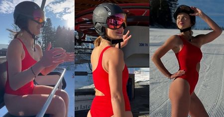 Joanna Moro w stroju kąpielowym i kasku  szusuje na stoku