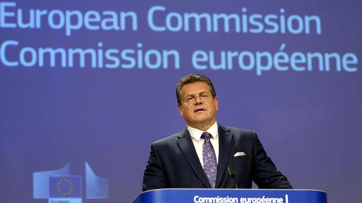 BRUSSELS, BELGIUM - JUNE 12:  European Commission Vice-President Maros Sefcovic holds a press conference following the second meeting of the EU-UK Joint Committee in Brussels, Belgium on June 12, 2020. (Photo by Thierry Monasse/Pool/Anadolu Agency via Getty Images)