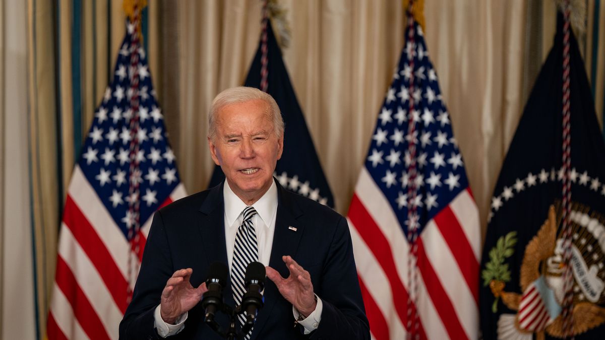 WASHINGTON, DC - JANUARY 22: President Joe Biden delivers remarks in the State Dining Room of the White House, on January 22, 2024 in Washington, DC. Biden convened a meeting of the Reproductive Healthcare Task Force to mark the 51st anniversary of the landmark Roe v. Wade decision, which was overturned in 2022. (Kent Nishimura for The Washington Post via Getty Images)