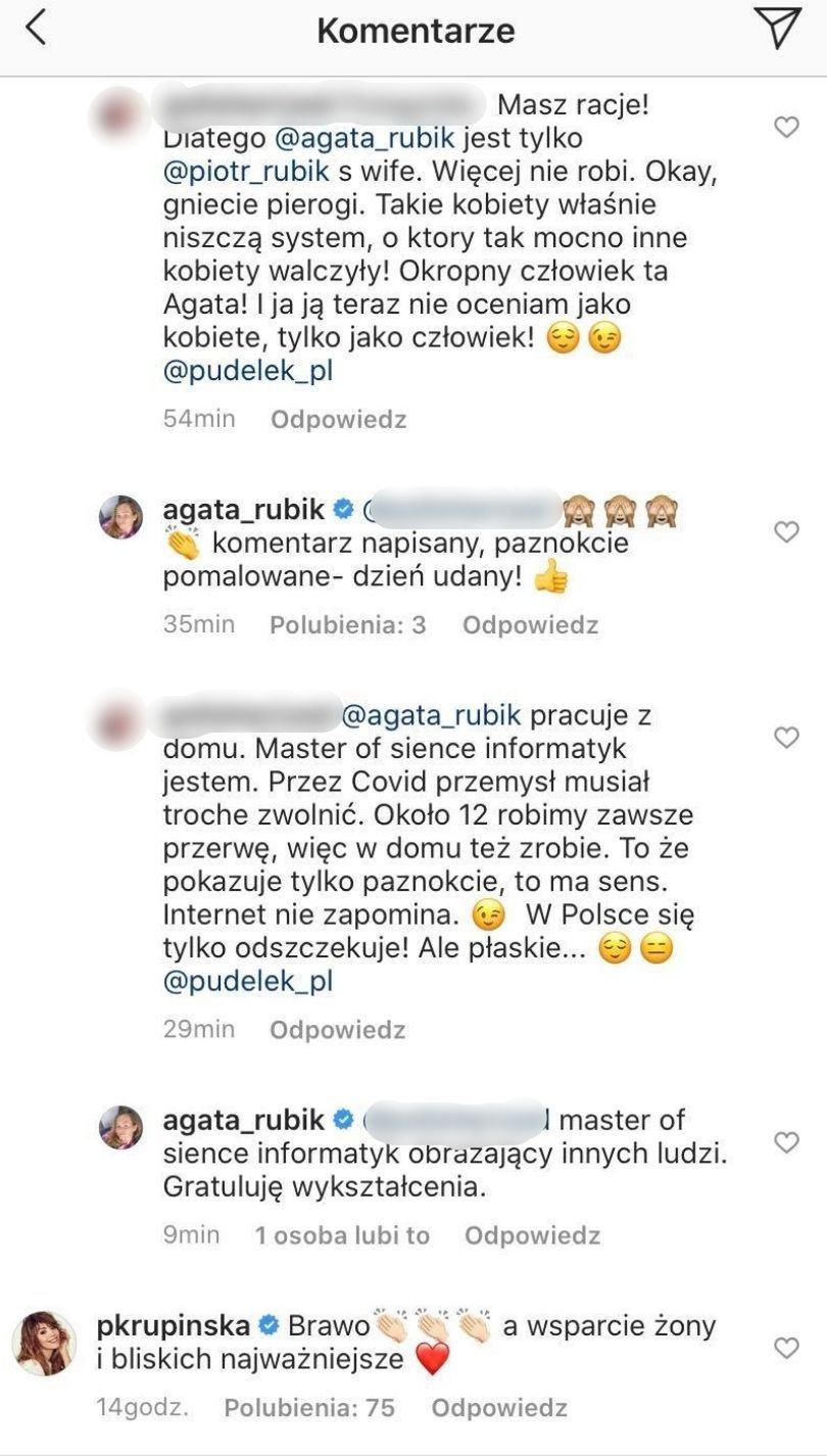 Agata Rubik dyskutuje z internautami pod wpisem Anny Lewandowskiej