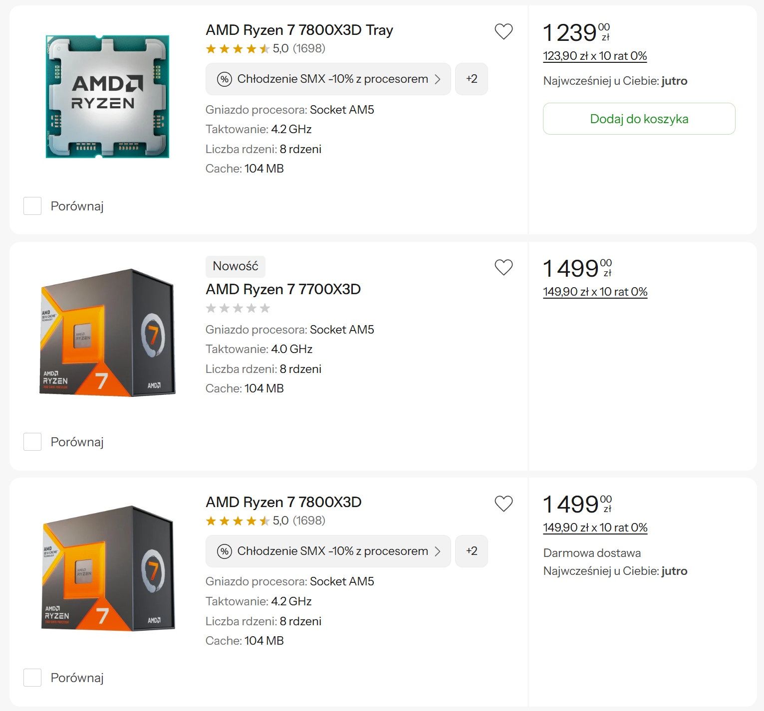 Ceny procesorów AMD Ryzen 7 7700X3D i 7800X3D w sklepach