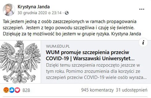 Post Krystyny Jandy na temat szczepień