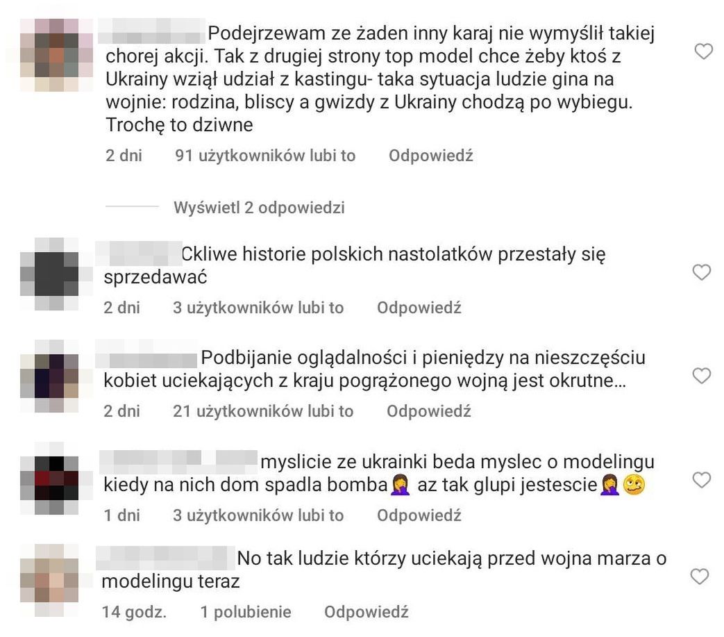 Komentarze pod postem "Top Model" 