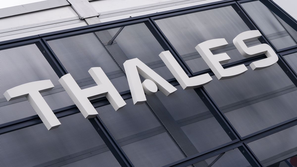 A Thales SA logo at the Eurosatory Defense and Security expo in Paris, France, on Tuesday, June 18, 2024. Eurosatory is a global event for defense and security manufacturers held every two years in Paris. Photographer: Nathan Laine/Bloomberg via Getty Images
