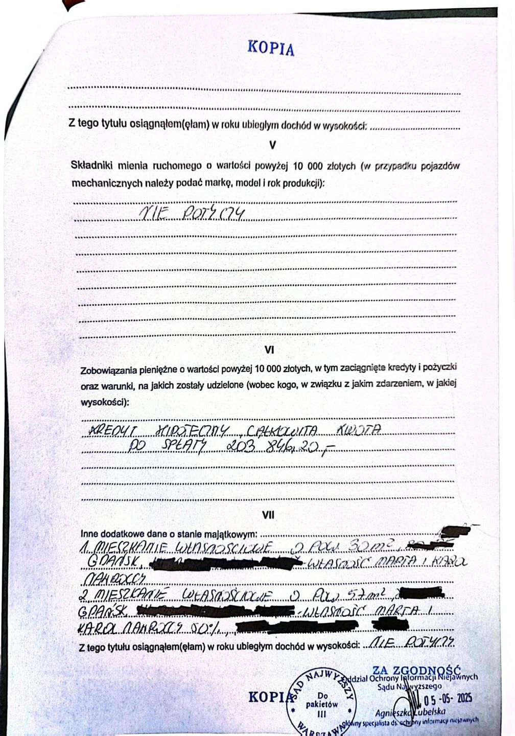 Fragment oświadczenia majątkowego Karola Nawrockiego za 2025 rok