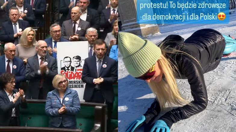 Monika Olejnik chwali się imponującą formą na śniegu. Dla posłów PiS ma radę: "Polecam w ramach protestu PLANK W SEJMIE" (WIDEO)