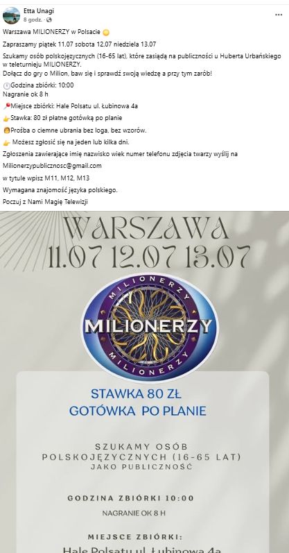 Poszukiwani chętni do pojawienia się na widowni "Milionerów".