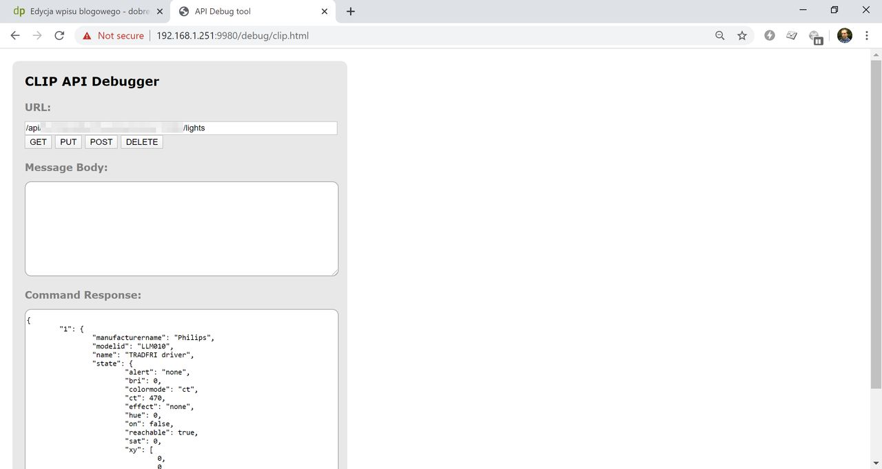 Wynik wywołania endpointu lights z listą wszystkich dodanych urządzeń