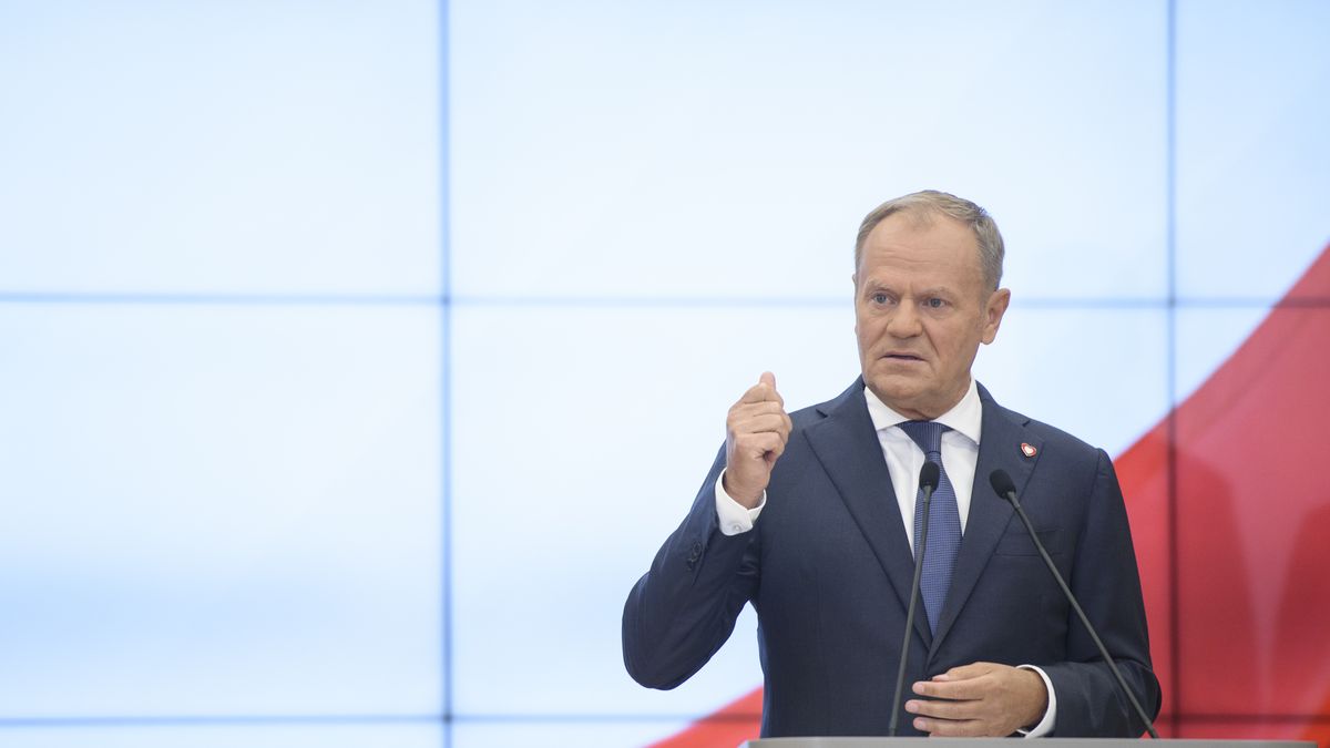 Polish Prime Minister Donald Tusk gestures as he speaks during a press briefing regarding government reshuffle, Wednesday, July 23, 2025 in Warsaw, Poland.