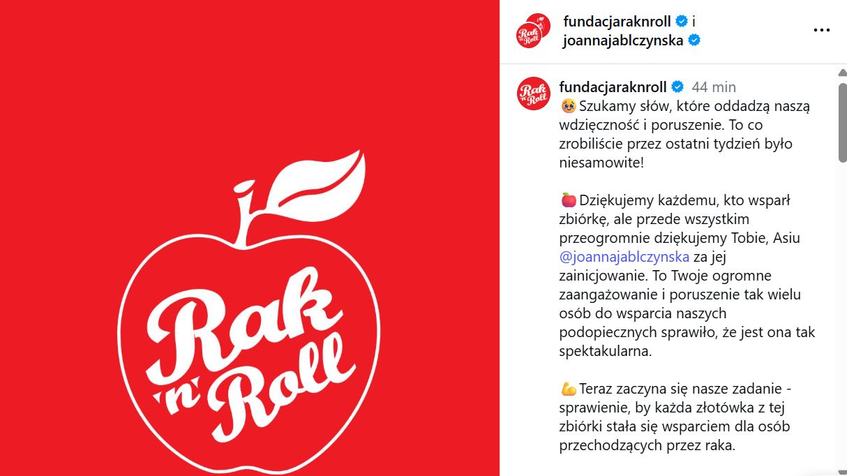 Post fundacji na temat zbiórki Joanny Jabłczyńskiej