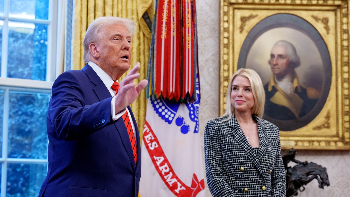 WASHINGTON, DC - FEBRUARY 5: U.S. President Donald Trump, accompanied by newly sworn-in U.S. Attorney General Pam Bondi, speaks to member of the media in the Oval Office at the White House on February 05, 2025 in Washington, DC. The Senate confirmed Bondi as Attorney General with a 54-46 vote on Tuesday. (Photo by Andrew Harnik/Getty Images)