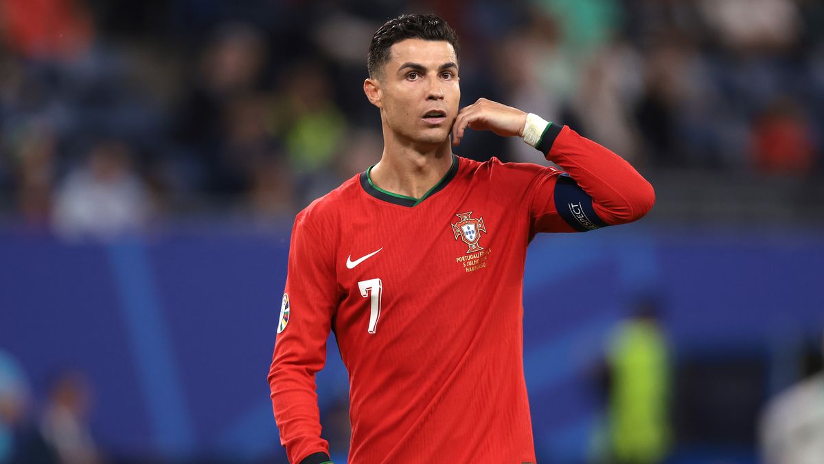 HAMBURG, GERMANY - JULY 05: Cristiano Ronaldo of Portugal reacts during the UEFA EURO 2024 quarter-final match between Portugal and France at Volksparkstadion on July 05, 2024 in Hamburg, Germany. (Photo by Jonathan Moscrop/Getty Images)