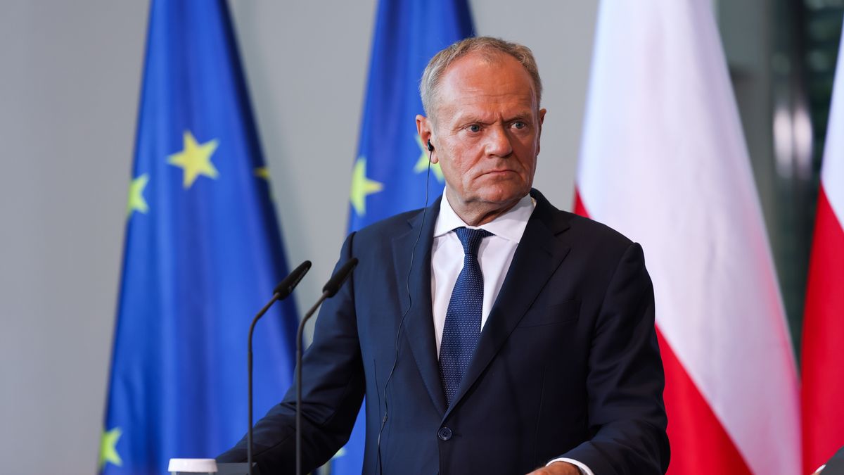 Donald Tusk, Poland's prime minister, during a news conference following a meeting of the E5 and NATO at the Chancellery in Berlin, Germany, on Wednesday, June 24, 2026. Leaders of the so-called E5  Germany, France, the UK, Italy and Poland  are gathering to assemble a package of measures showcasing European allies' efforts to take more responsibility for their defense, according to people familiar with the matter. Photographer: Krisztian Bocsi/Bloomberg via Getty Images