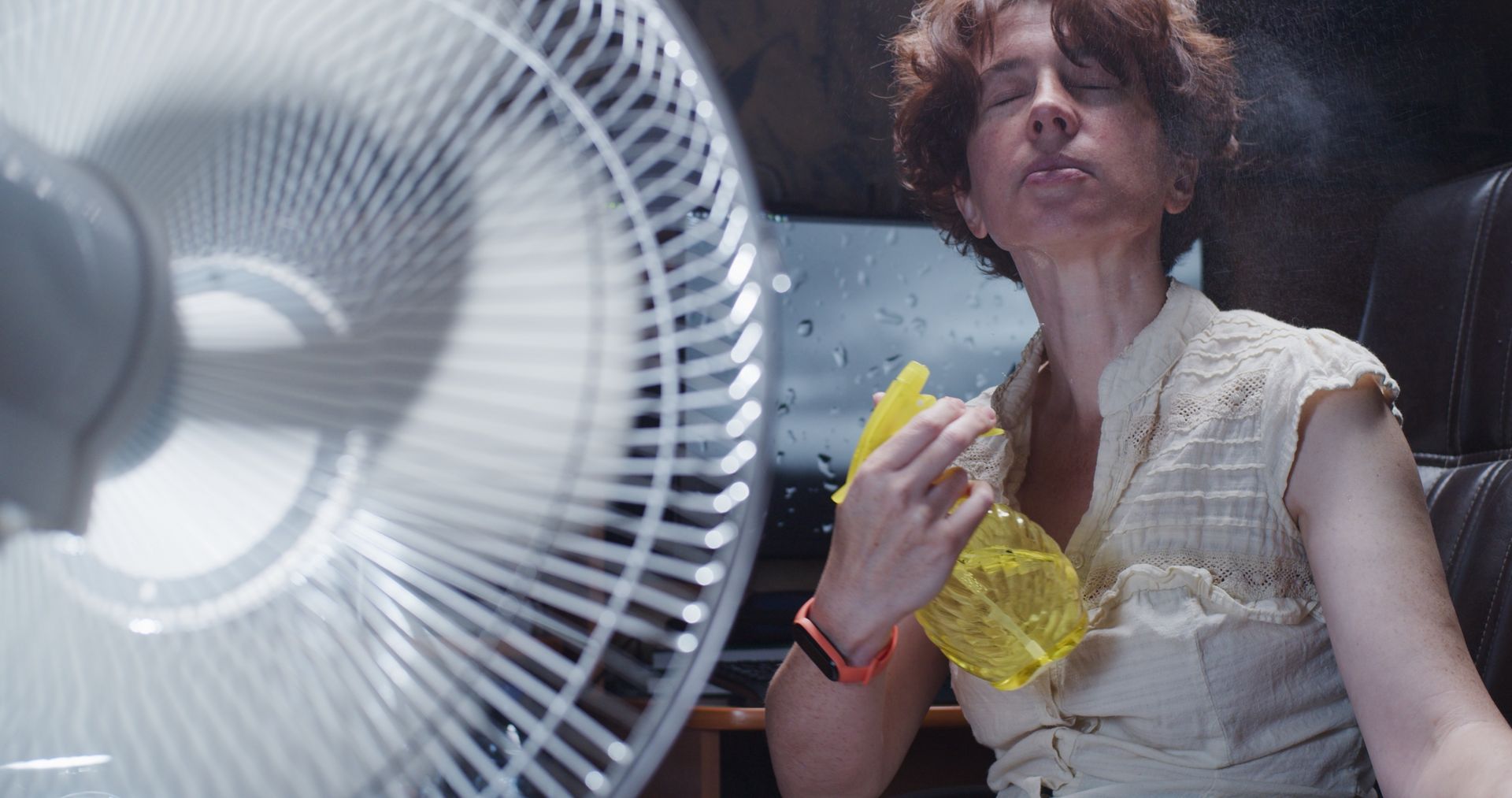 Woman is trying to work at the desktop computer at home, suffering from hot weather and spraying water onto her face while using electric fan
Woman is trying to work at the desktop computer at home, suffering from hot weather and spraying water onto her face while using electric fan
invizbk