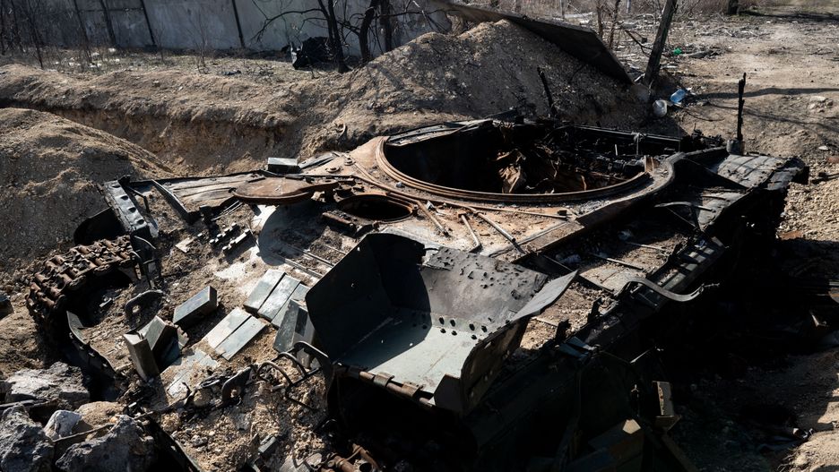 SNIHURIVKA, UKRAINE - FEBRUARY 23: Russian T-90 tank is destroyed by the Ukrainian army as the first anniversary of the war between Russia and Ukraine nears in Snihurivka, Ukraine on February 23, 2023. (Photo by Vincenzo Circosta/Anadolu Agency via Getty Images)
