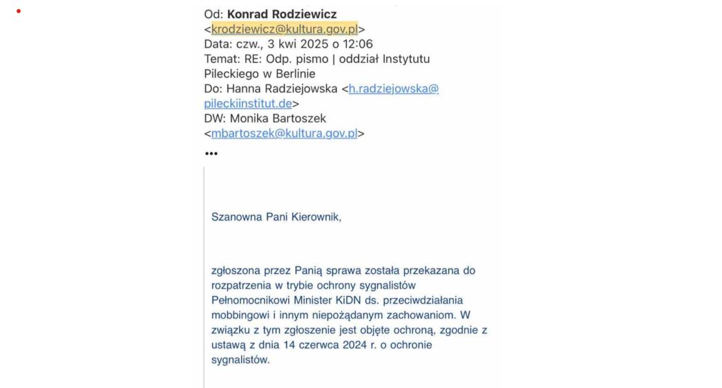 Mail, który otrzymała Hanna Radziejowska