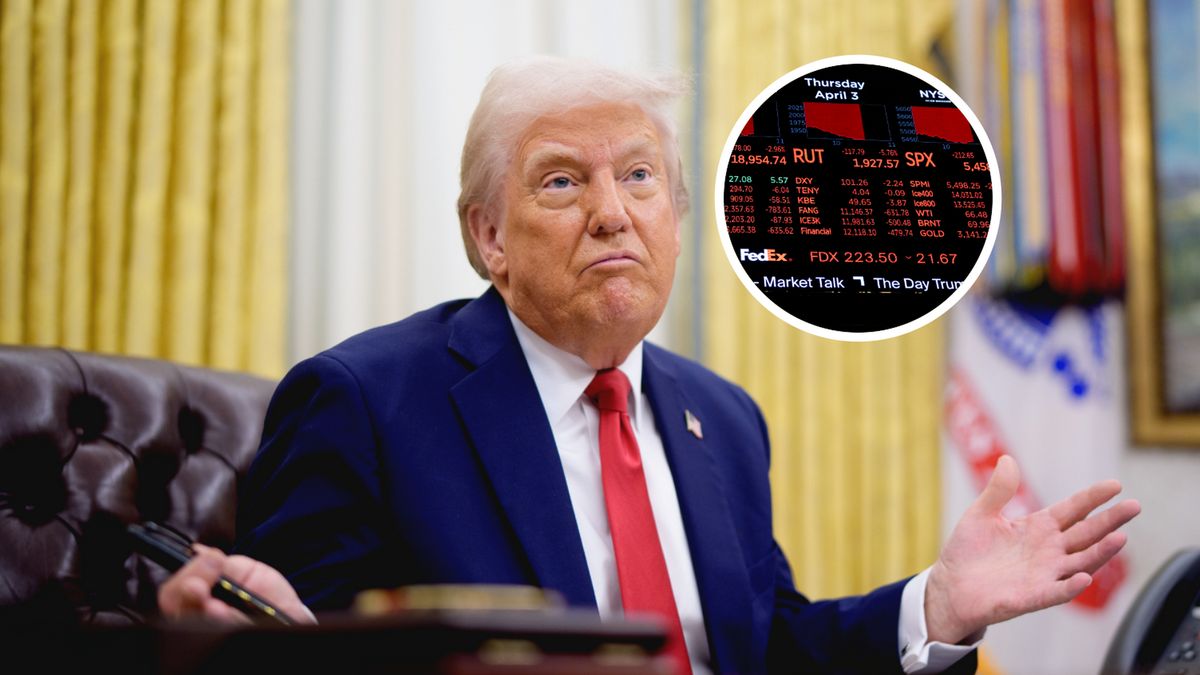 Na zdjęciu Donald Trump i wskaźniki na Wall Street w czwartek 3 kwietnia