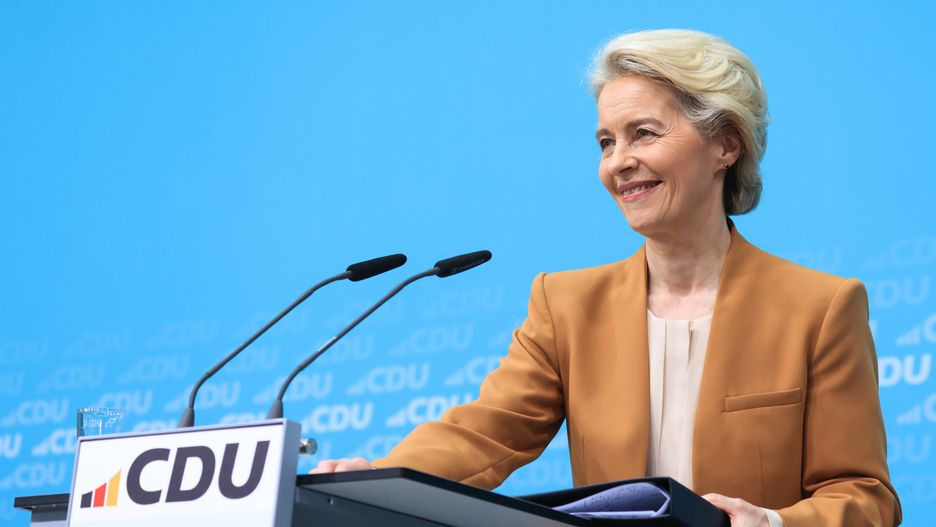 Ursula von der Leyen, president of European Commission, at a news conference following a meeting of the Christian Democratic Union party in Berlin, Germany, on Monday, Feb. 19, 2024. Von der Leyen has told her party she will seek a second mandate to lead the European Union's executive arm, as the bloc struggles with challenges from Russia's invasion of Ukraine to the possible return of Donald Trump to the White House. Photographer: Krisztian Bocsi/Bloomberg via Getty Images