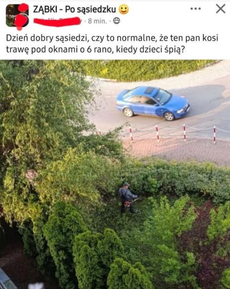 Oburzyła się koszeniem trawy o poranku.