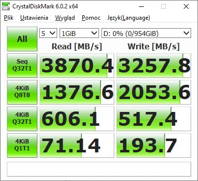 ADATA XPG Gammix S50 Lite 1 TB - wydajność CrystalDiskMark z nawiewem