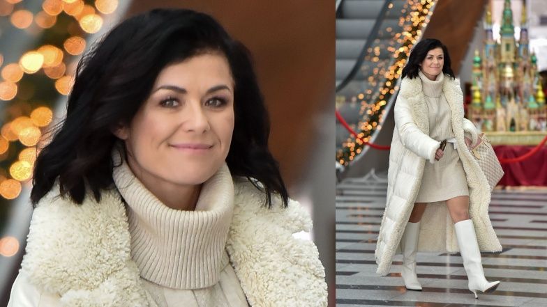 Katarzyna Cichopek w białych kozaczkach na śniegu