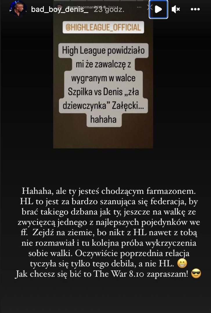 Wpis Załęckiego na Instastories