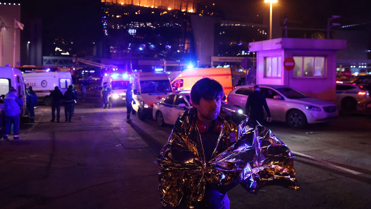 KRASNOGORSK, RUSSIA - MARCH 22: (RUSSIA OUT) A fire rages inside the Crosus City Hall on March 22, 2024 in Krasnororsk, Russia. Early reports indicated multiple people were killed and many were wounded when several gunmen opened fire on the venue. (Photo by Contributor/Getty Images)
