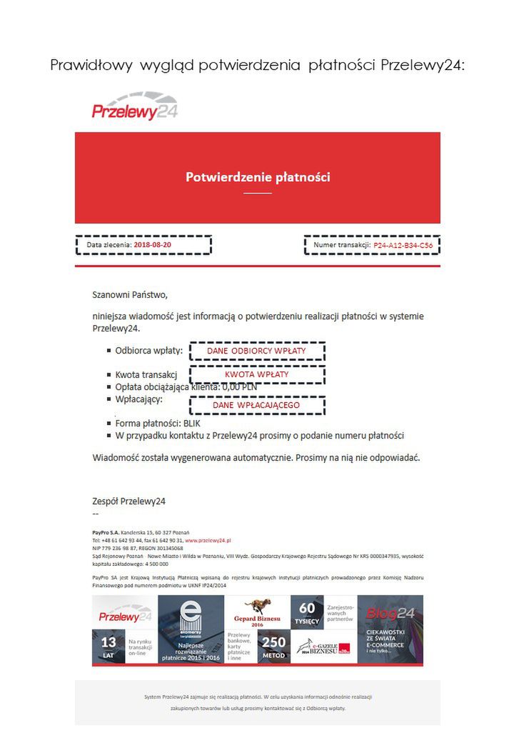 Wzór potwierdzenia przelewu z serwisu Przelewy 24, źródło: Kampania phishingowa Przelewy24.