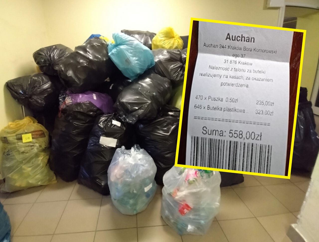 Oddał w Auchan 1116 opakowań. Otrzymał bon na 558 zł