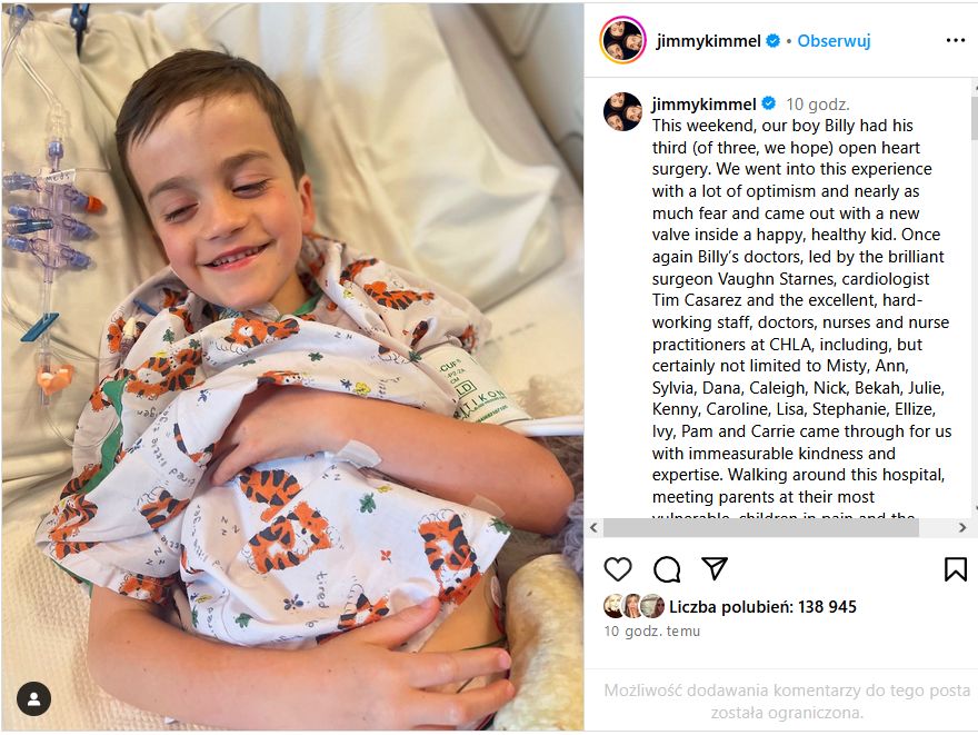 Jimmy Kimmel wrote about his son's surgery on Instagram.