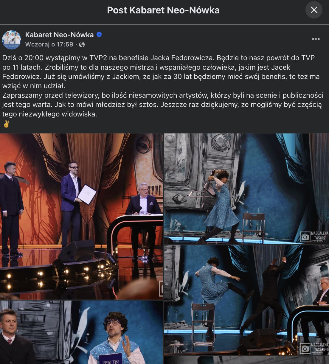 Kabaret Neo-Nówka dodał post na temat benefisu Jacka Fedorowicza