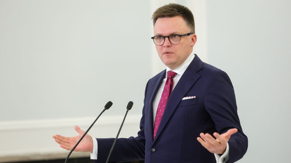 Warszawa, 04.03.2024. Marszałek Sejmu RP Szymon Hołownia podczas konferencji prasowej w Sejmie w Warszawie, 4 bm. (amb) PAP/Rafał Guz