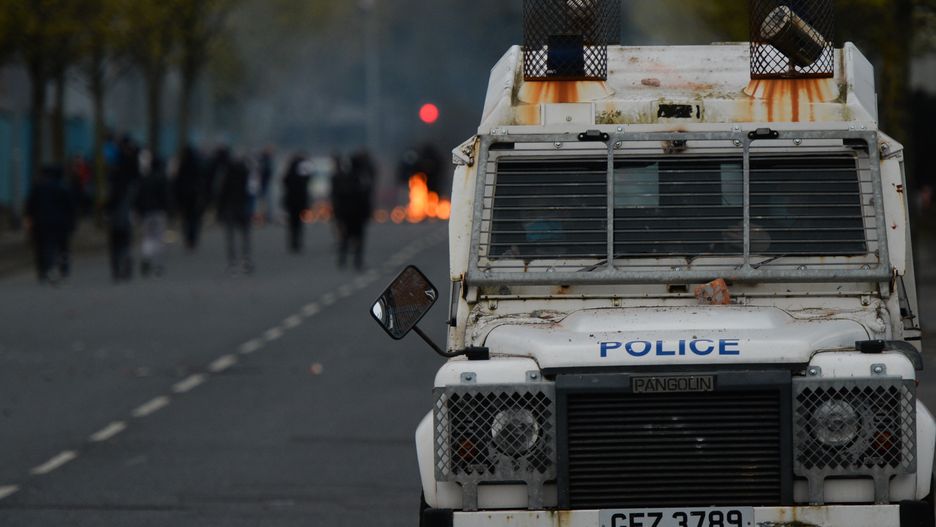 A group Loyalists trow projectiles at police vehicles on Lanark Way, near the 'Peace Gate' in Belfast.On Monday, April 19, 2021, in Belfast, Northern Ireland (Photo by Artur Widak/NurPhoto via Getty Images)