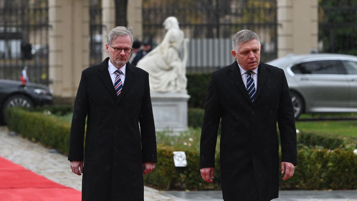 PRAGUE, CZECH REPUBLIC - 2023/11/24: Slovak prime minister Robert Fico (R) and Czech prime minister Petr Fiala (L) seen before their meeting in Prague. Prime minister of Slovakia Robert Fico visits the Czech Republic on his first official foreign journey where he meets with his Czech counterpart Petr Fiala. Robert Fico became Slovak prime minister for the fourth time, after his political party Smer - Social Democracy party won parliament election held in September. (Photo by Tomas Tkacik/SOPA Images/LightRocket via Getty Images)