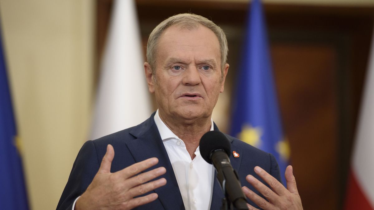 Poland's PM Donald Tusk gestures as he speaks during a press conference in Warsaw, Poland, on October 29, 2024.