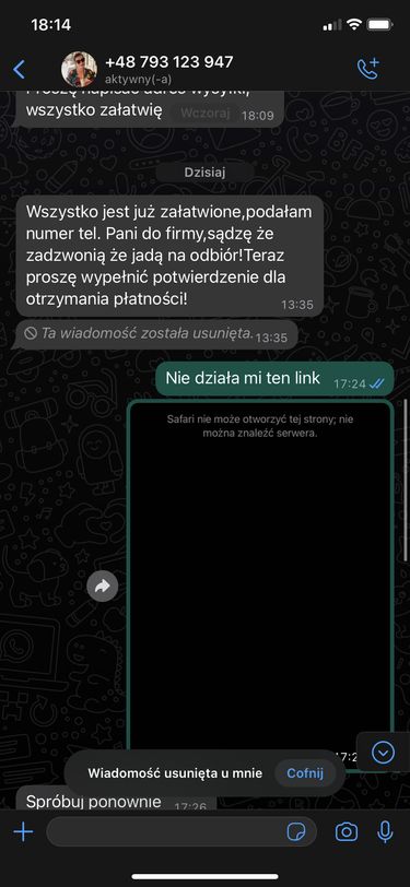 Fragment podejrzanej rozmowy na WhatsAppie