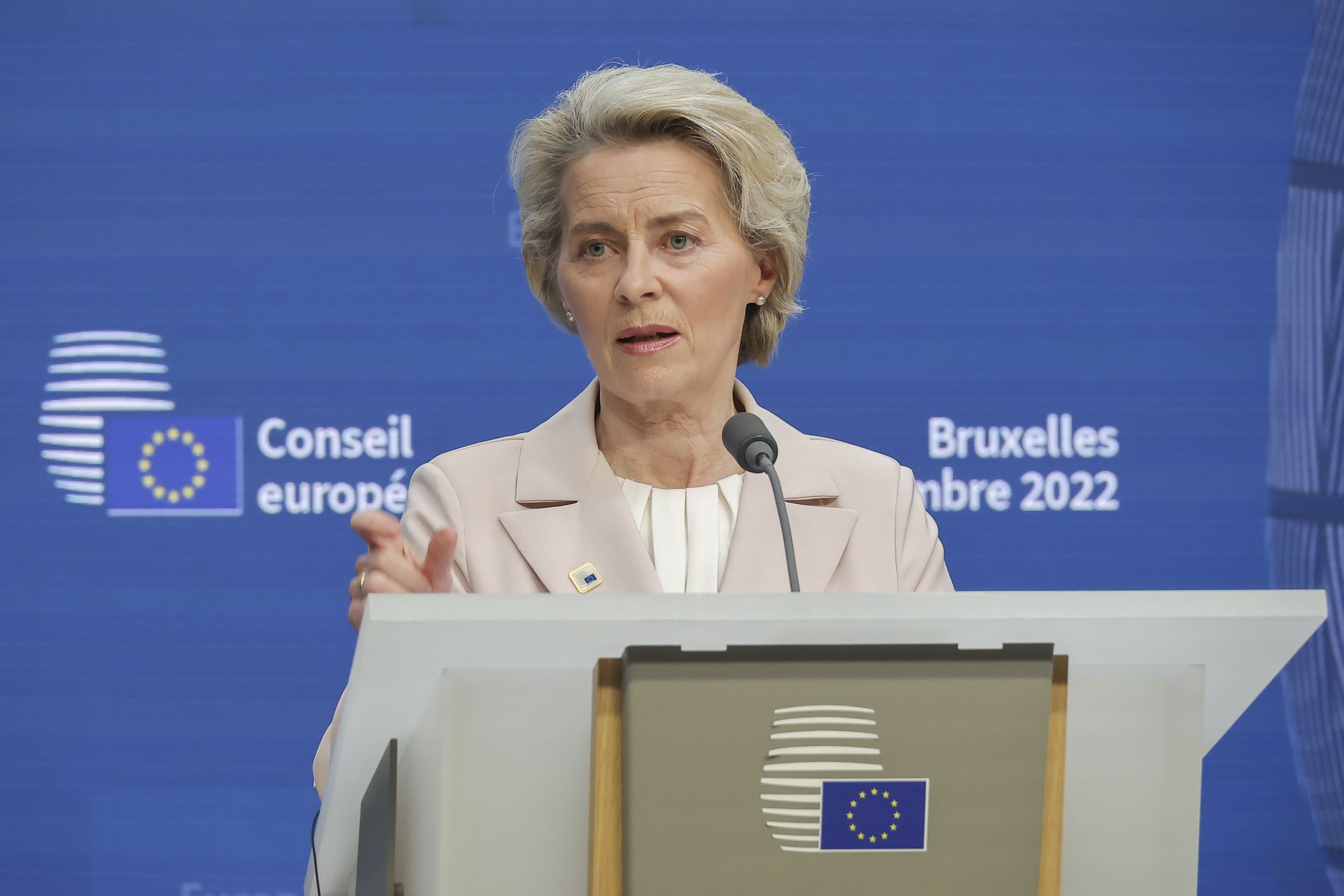 President of the European Commission Ursula von der Leyen speaking at a joint press conference with the Czech Republic Prime Minister Petr Fiala and President of the European Council Charles Michel after the European Council summit. The President of the Commission talks to the media and answer questions of journalists at a press conference. The EUCO, EU leaders summit focused to the energy crisis and assisting Ukraine as the Russia Ukraine conflict continues. European Council in Brussels in Belgium on 15 December 2022  (Photo by Nicolas Economou/NurPhoto via Getty Images)