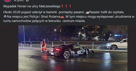 Wypadek sportowego Ferrari w Radomiu. Auto za 2 mln złotych rozbite